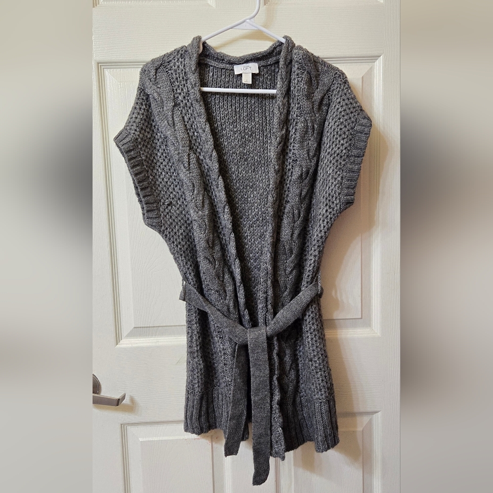Ann Taylor Loft sleeveless tie cardigan. Small, grey, acrylic/alpaca/wool blend.